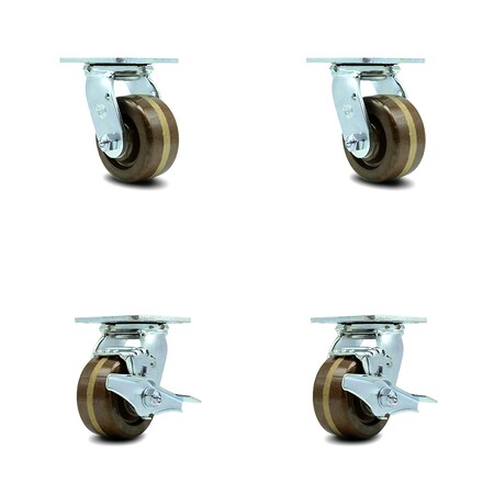 Service Caster 4 Inch High Temp Phenolic Swivel Caster Set with Roller Bearings 2 Brakes SCC SCC-30CS420-PHRHT-2-TLB-2